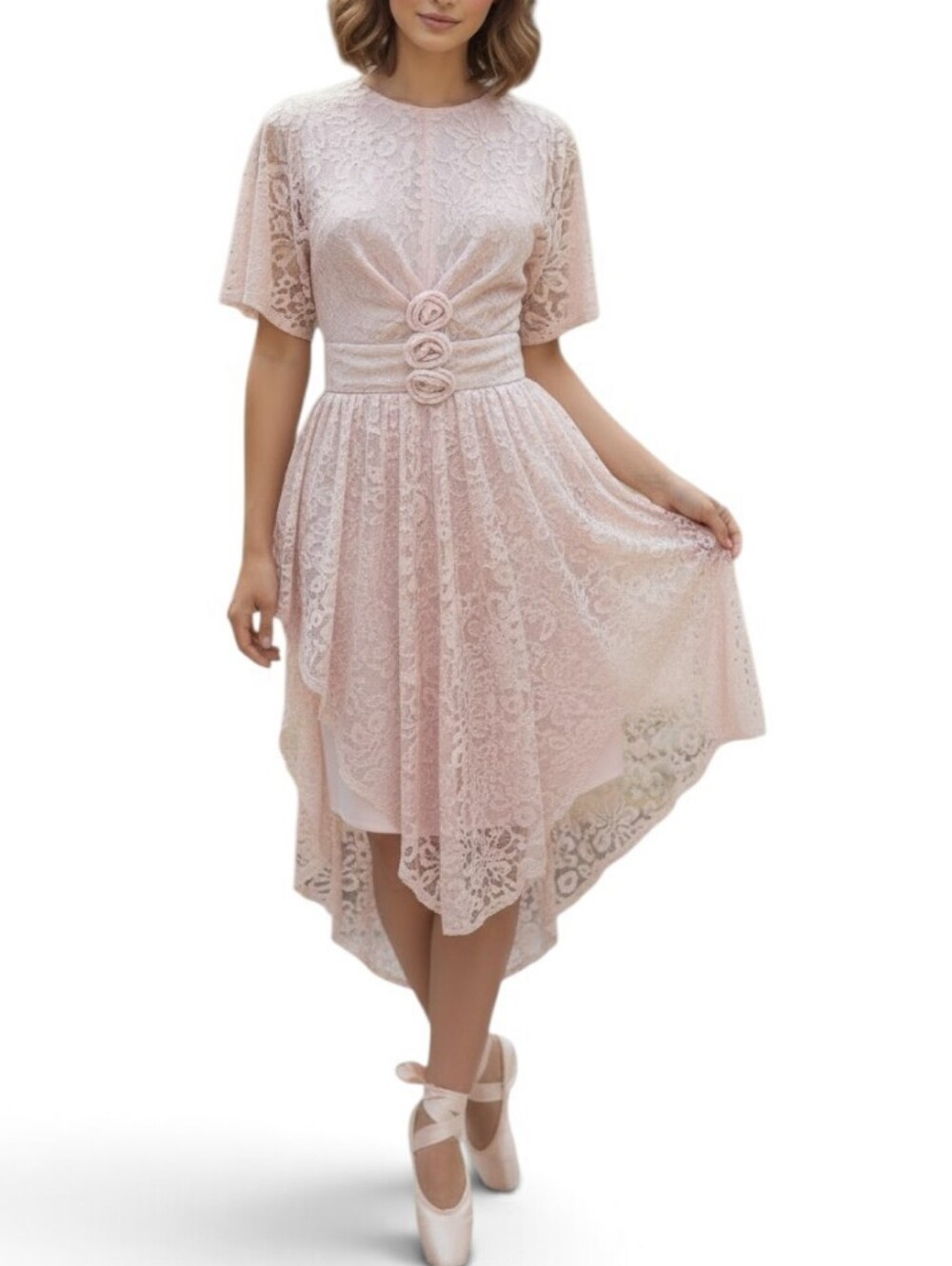 Vtg Filigree Pink Lace Peplum Midi Dress Size 8 Made in USA Romantic Coquette